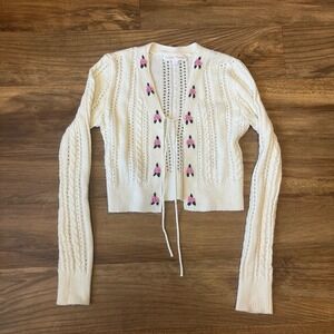 Sugar Moon White Cable Knit Cropped Cardigan Pink Rose Embroidered Small
